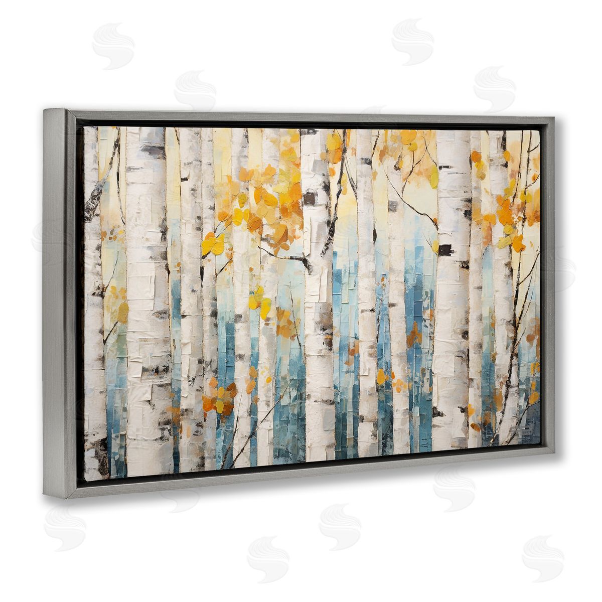 Autumn Birch Forest Grey Floating Frame Canvas Wall Art, Home Decor by Roozbeh Bahramali