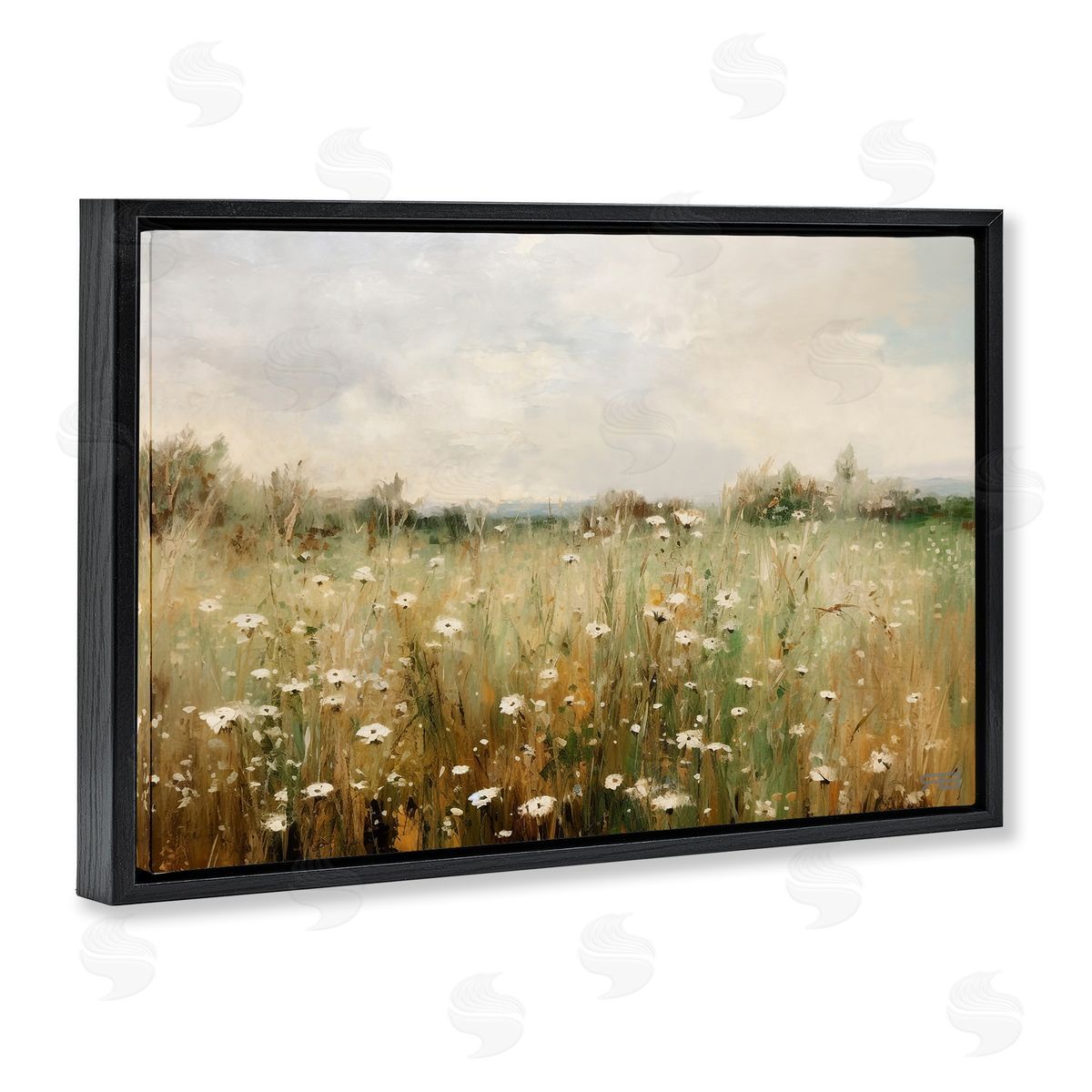 Country Daisy Field Black Floating Frame Canvas Wall Art, Home Decor by Roozbeh Bahramali