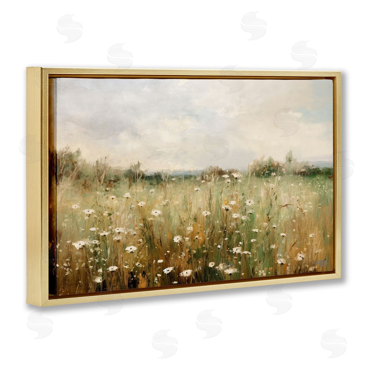 Country Daisy Field Gold Floating Frame Canvas Wall Art, Home Decor by Roozbeh Bahramali