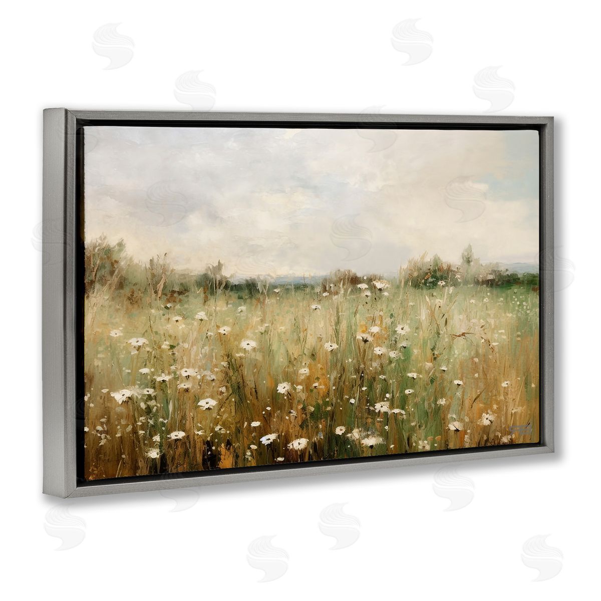 Country Daisy Field Grey Floating Frame Canvas Wall Art, Home Decor by Roozbeh Bahramali