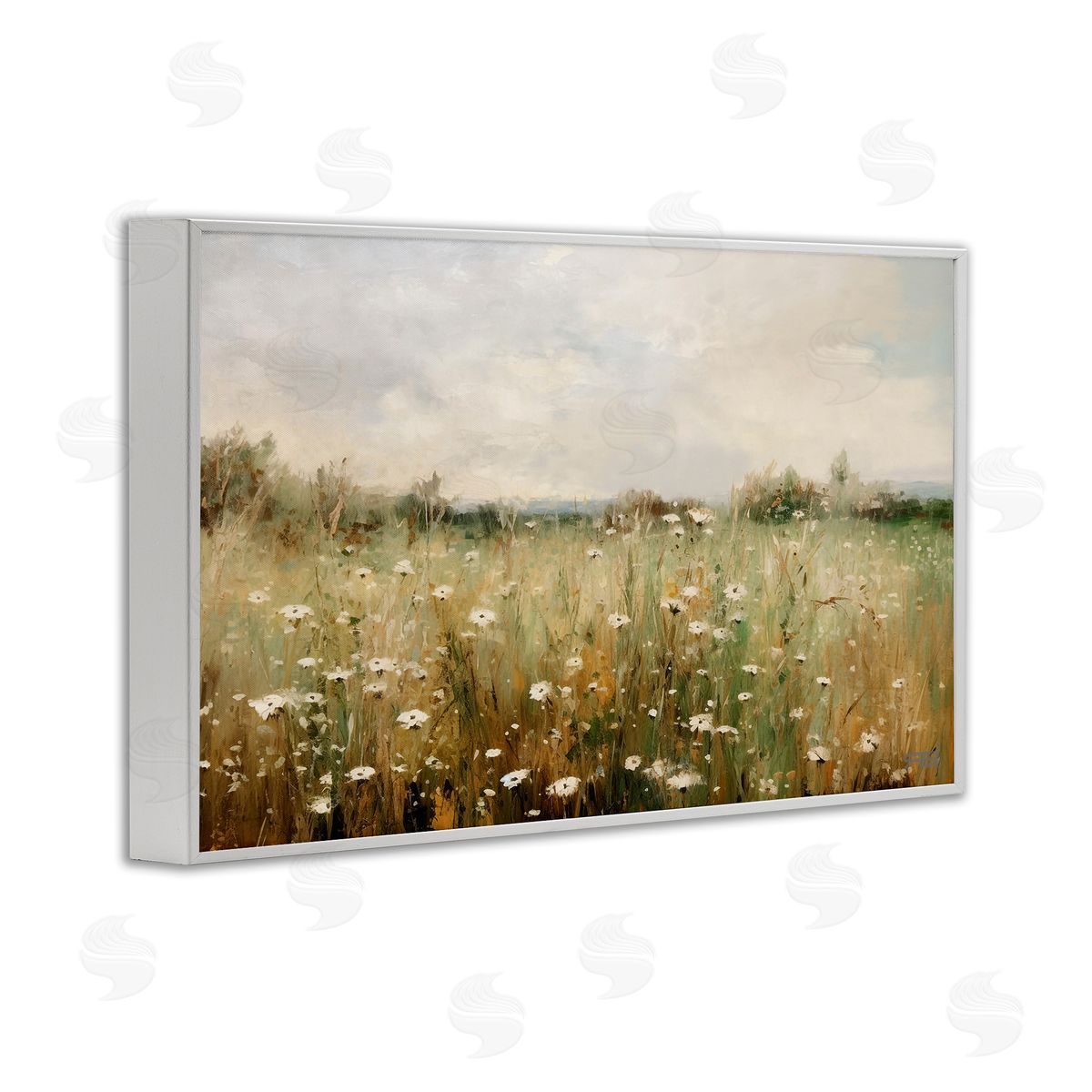 Country Daisy Field White Frame Print Wall Art, Home Decor by Roozbeh Bahramali