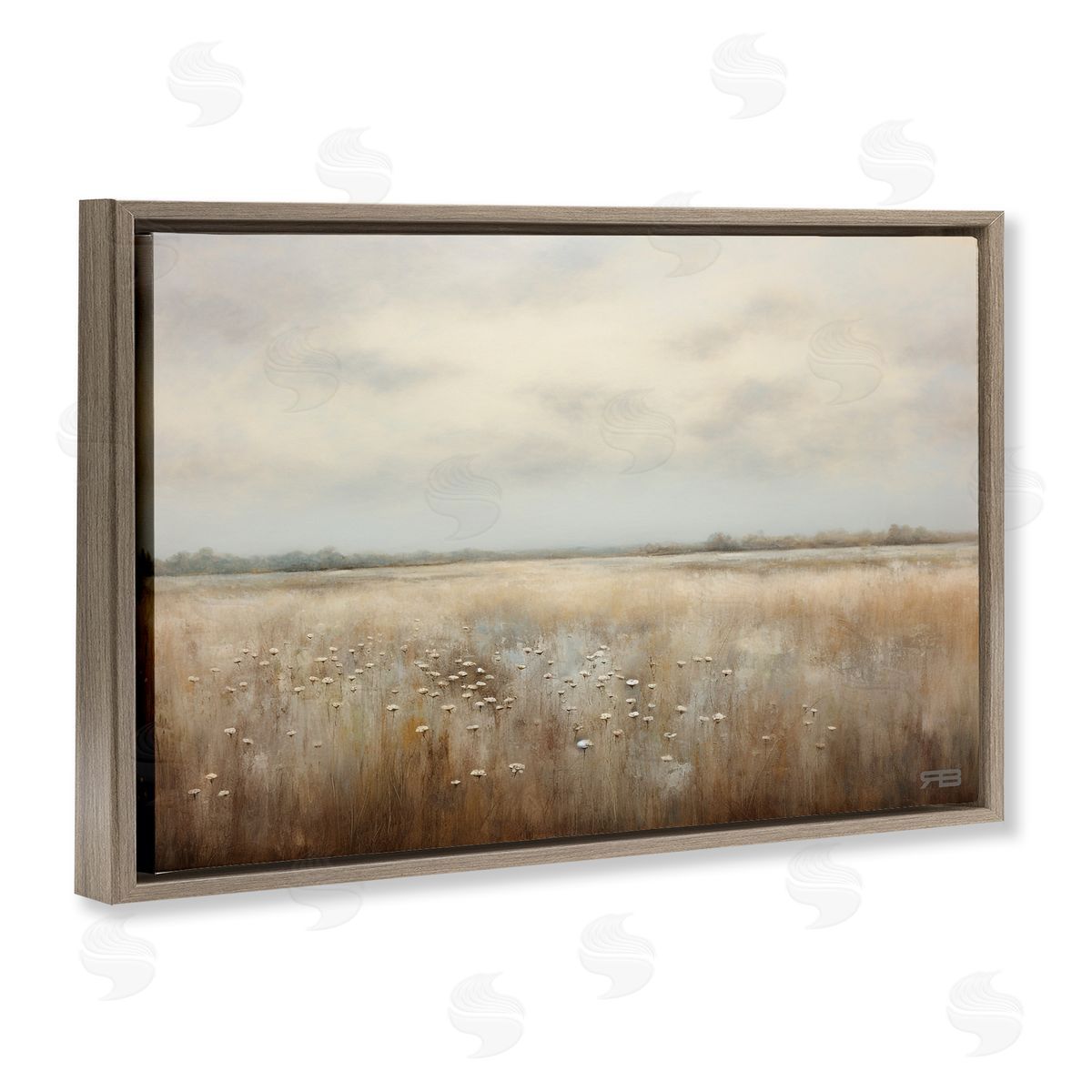 Subtle Flower Meadow Brown Floating Frame Canvas Wall Art, Home Decor by Roozbeh Bahramali