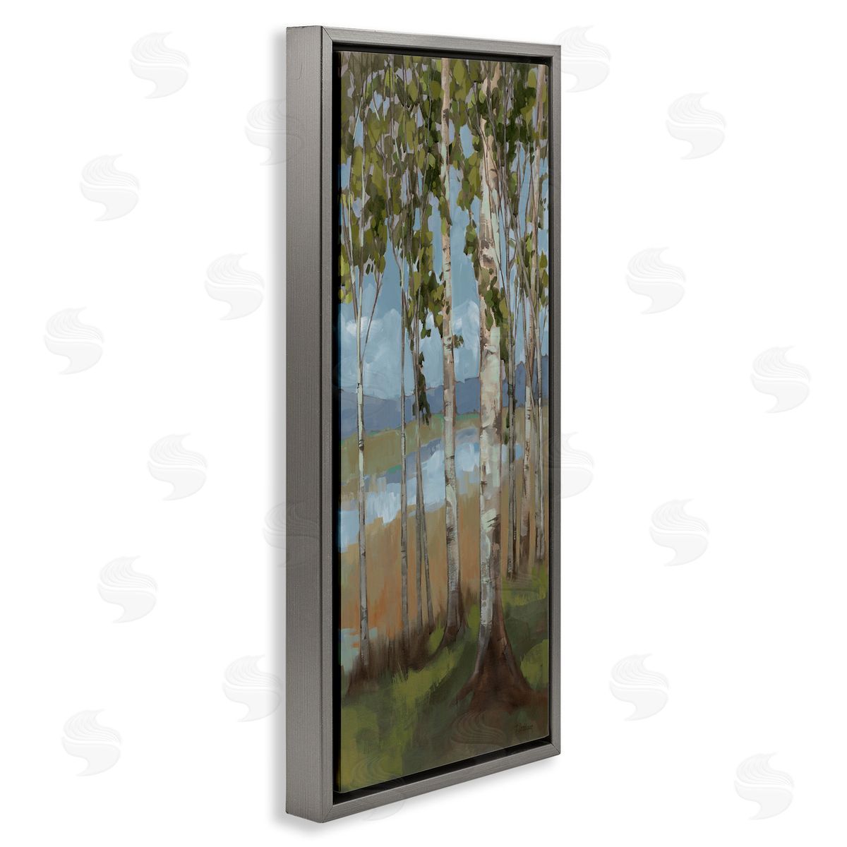 Rustic Birch Copse Grey Floating Frame Canvas Wall Art, Home Decor by Trevor Copenhaver