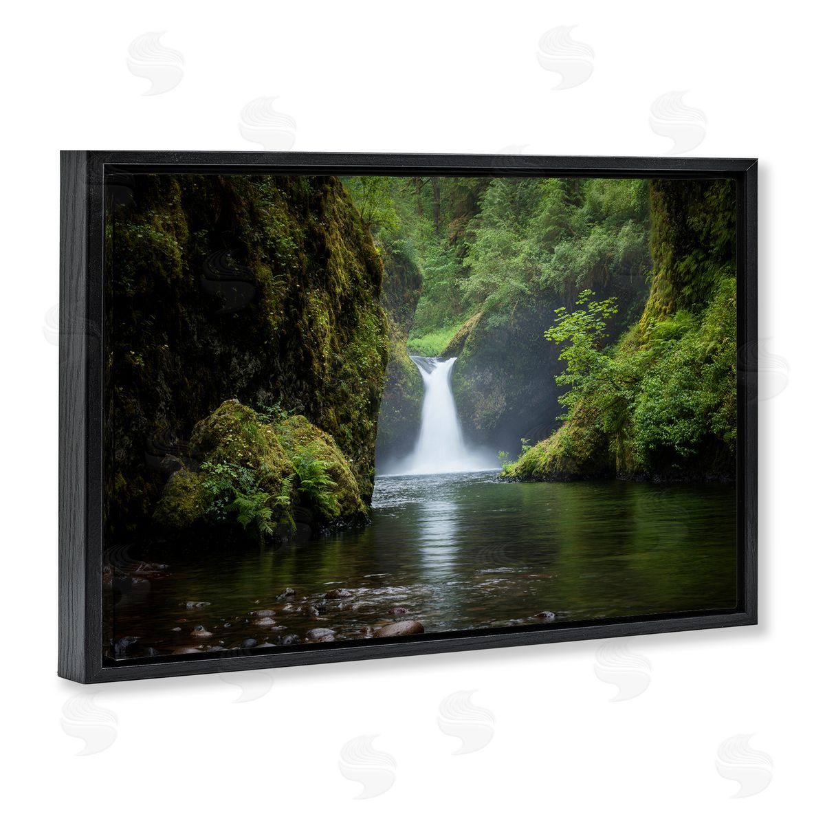 Richard Wong Peaceful Waterfall Creek Black Floating Frame Canvas Wall Art Print