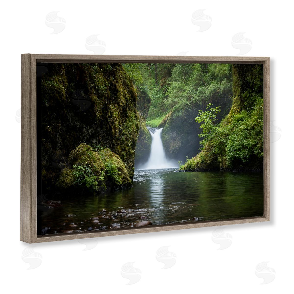 Richard Wong Peaceful Waterfall Creek Brown Floating Frame Canvas Wall Art Print
