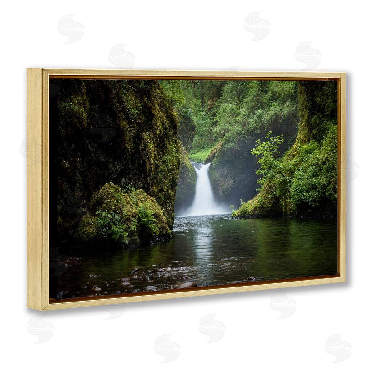 Richard Wong Peaceful Waterfall Creek Gold Floating Frame Canvas Wall Art Print