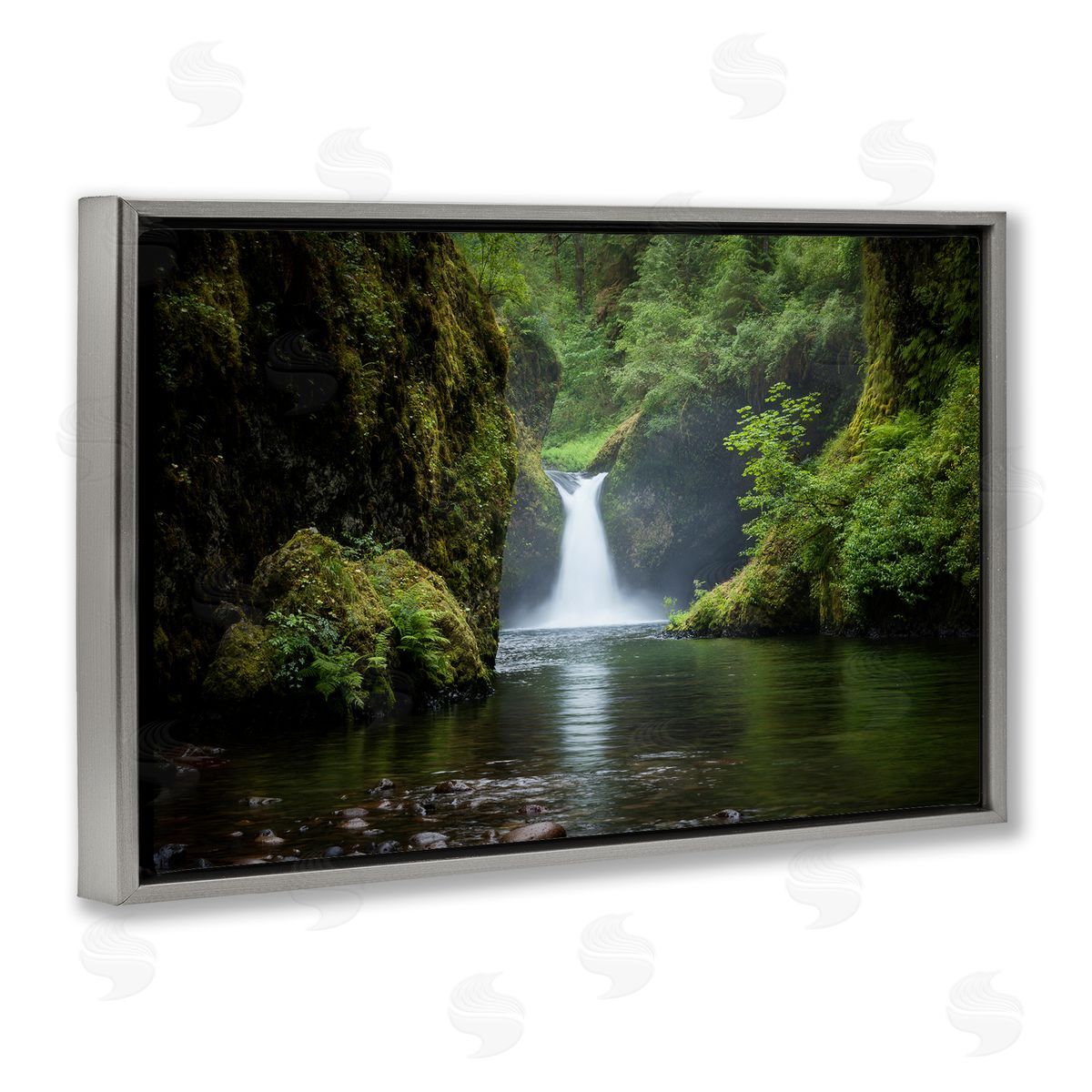 Richard Wong Peaceful Waterfall Creek Gray Floating Frame Canvas Wall Art Print