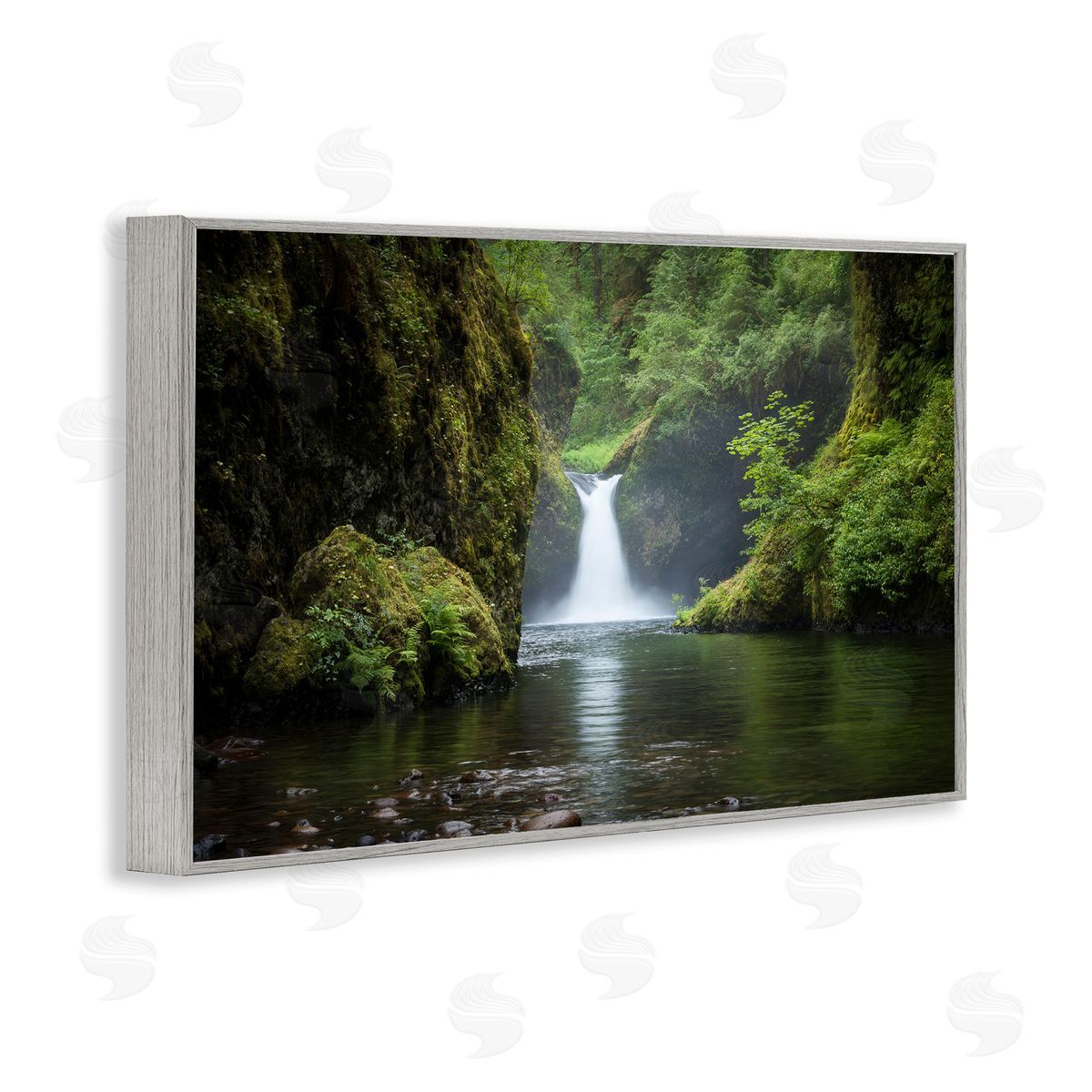 Richard Wong Peaceful Waterfall Creek Gray Framed Giclee Wall Art Print