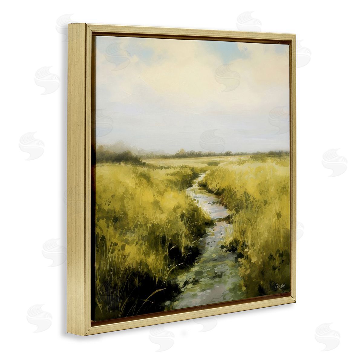 Roozbeh Bahramali Calming Horizon Stream Gold Floating Frame Canvas Wall Art Print