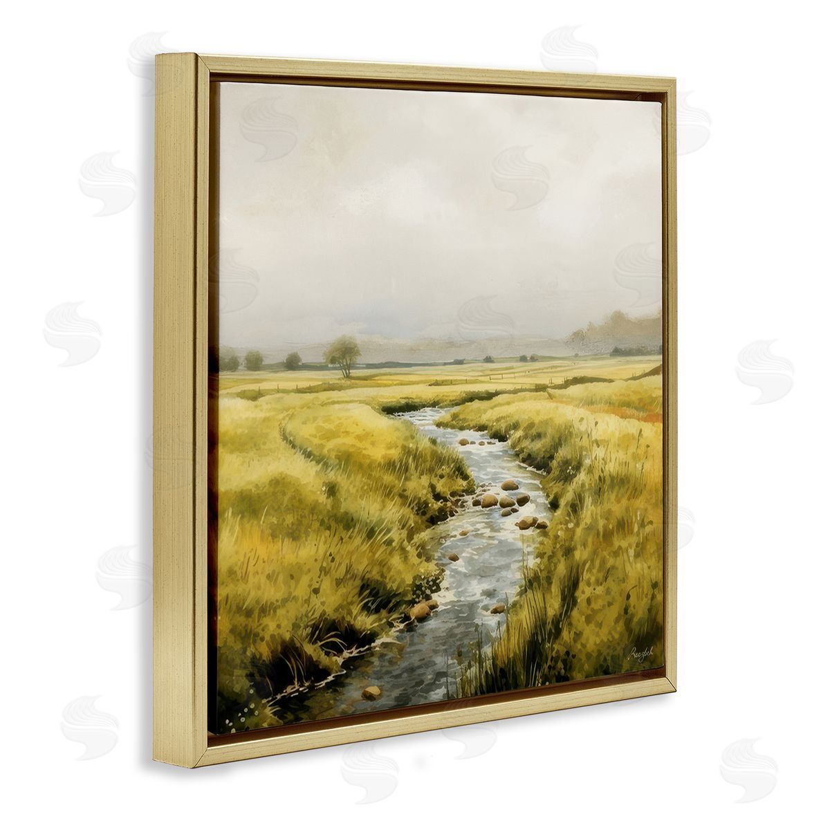 Roozbeh Bahramali Calming Horizon River Gold Floating Frame Canvas Wall Art Print