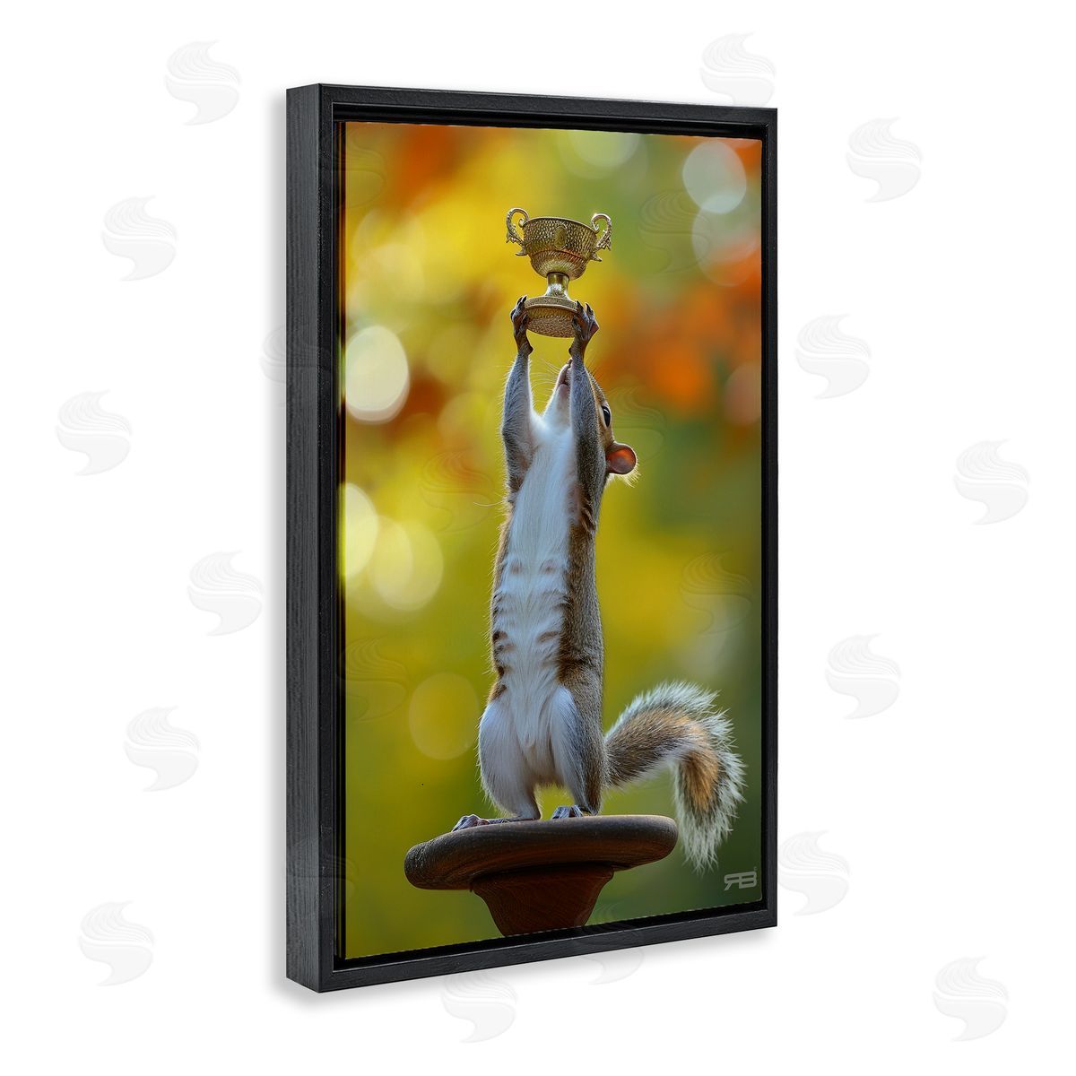 Squirrel Holding Trophy Black Floating Frame Canvas Wall Art, Home Decor by Roozbeh Bahramali