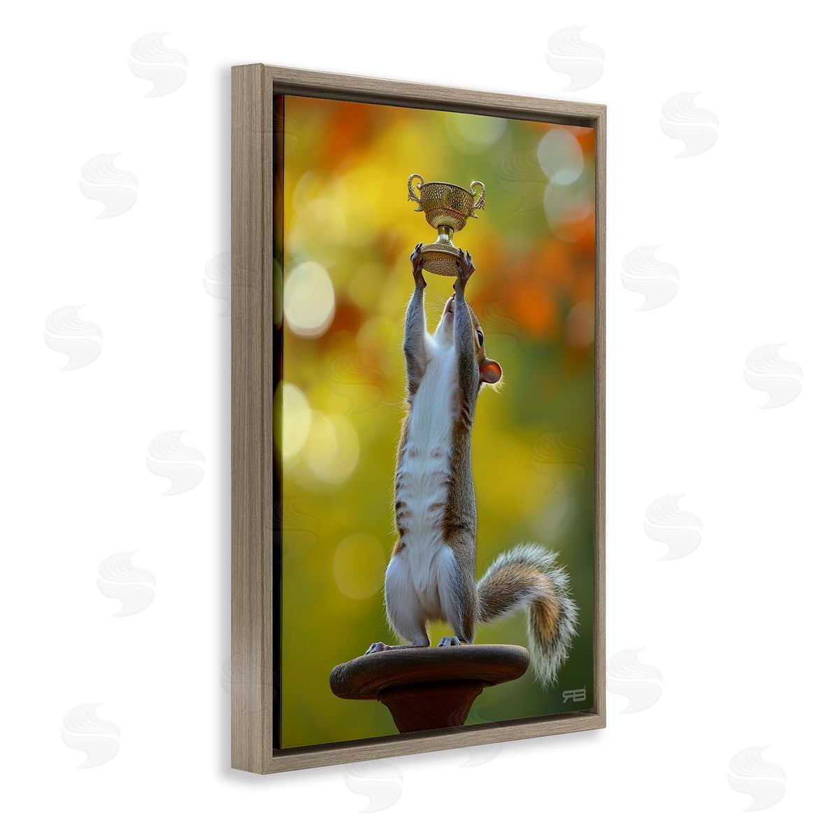 Squirrel Holding Trophy Brown Floating Frame Canvas Wall Art, Home Decor by Roozbeh Bahramali