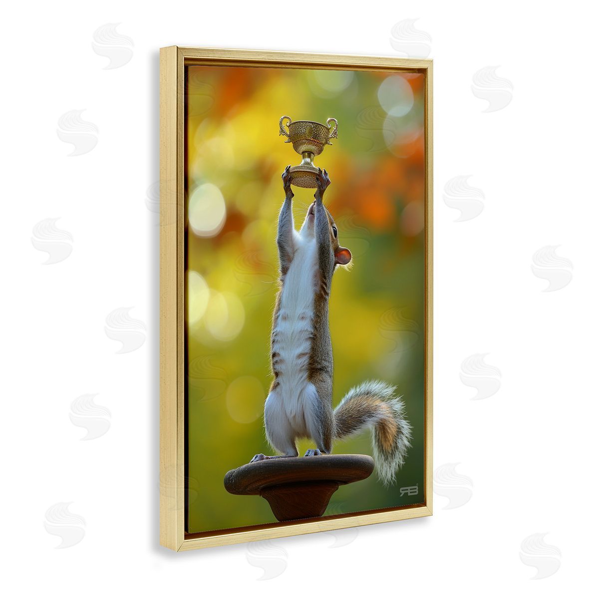 Squirrel Holding Trophy Gold Floating Frame Canvas Wall Art, Home Decor by Roozbeh Bahramali