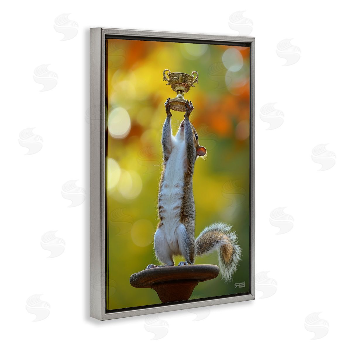 Squirrel Holding Trophy Grey Floating Frame Canvas Wall Art, Home Decor by Roozbeh Bahramali
