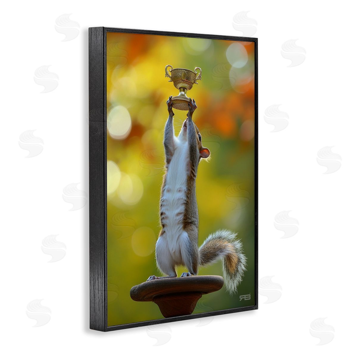 Squirrel Holding Trophy Black Frame Print Wall Art, Home Decor by Roozbeh Bahramali
