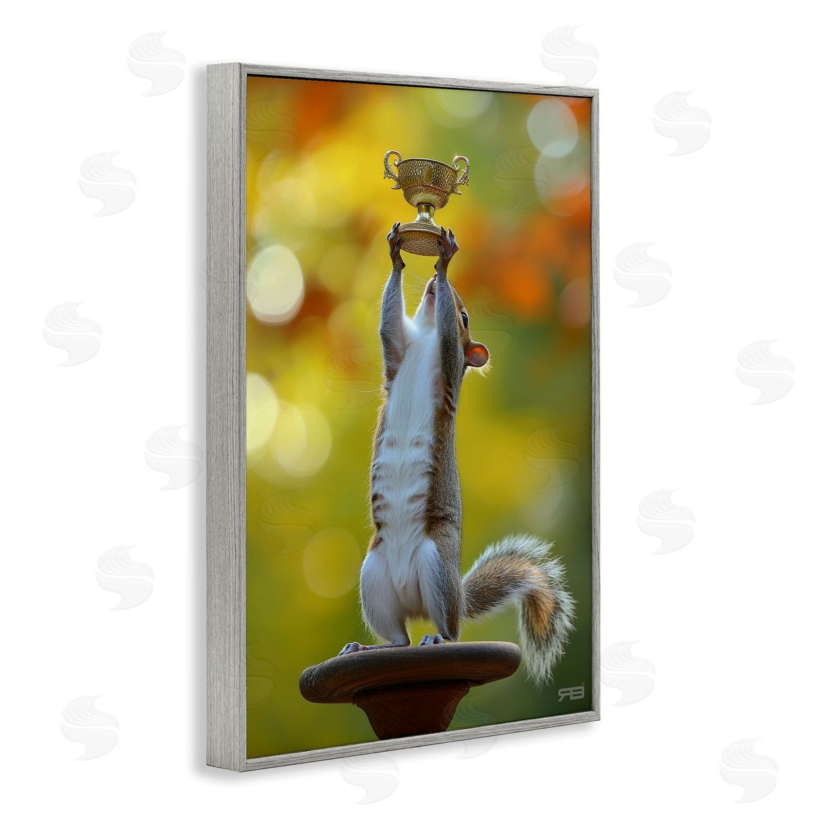 Squirrel Holding Trophy Grey Frame Print Wall Art, Home Decor by Roozbeh Bahramali