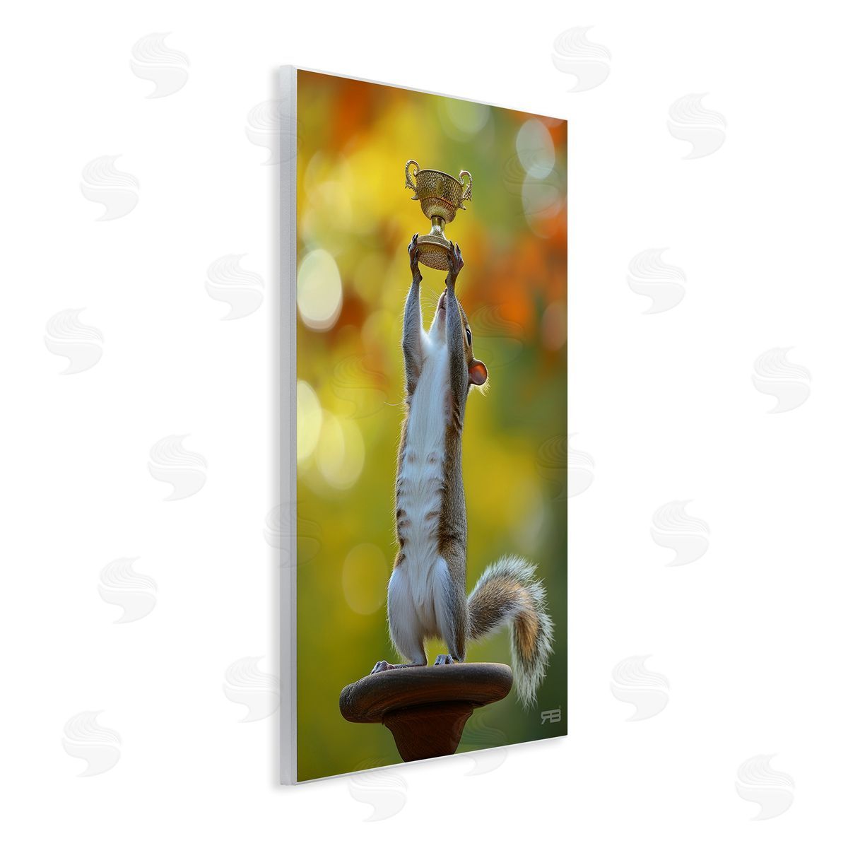 Squirrel Holding Trophy Wood Plaque Wall Art, Home Decor by Roozbeh Bahramali