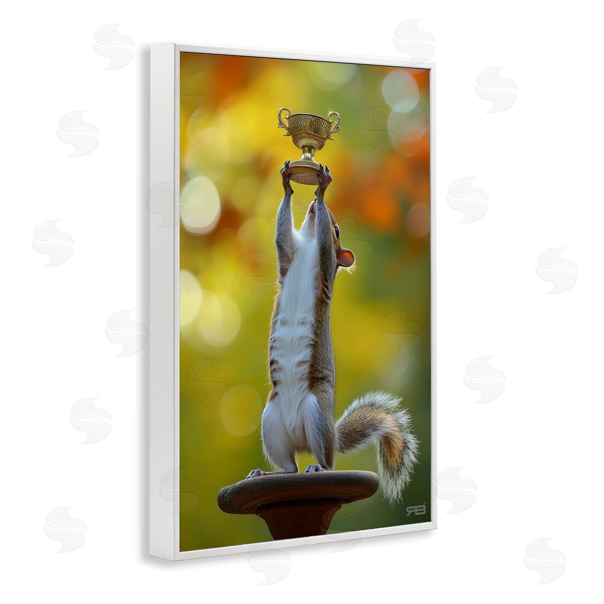Squirrel Holding Trophy White Frame Print Wall Art, Home Decor by Roozbeh Bahramali