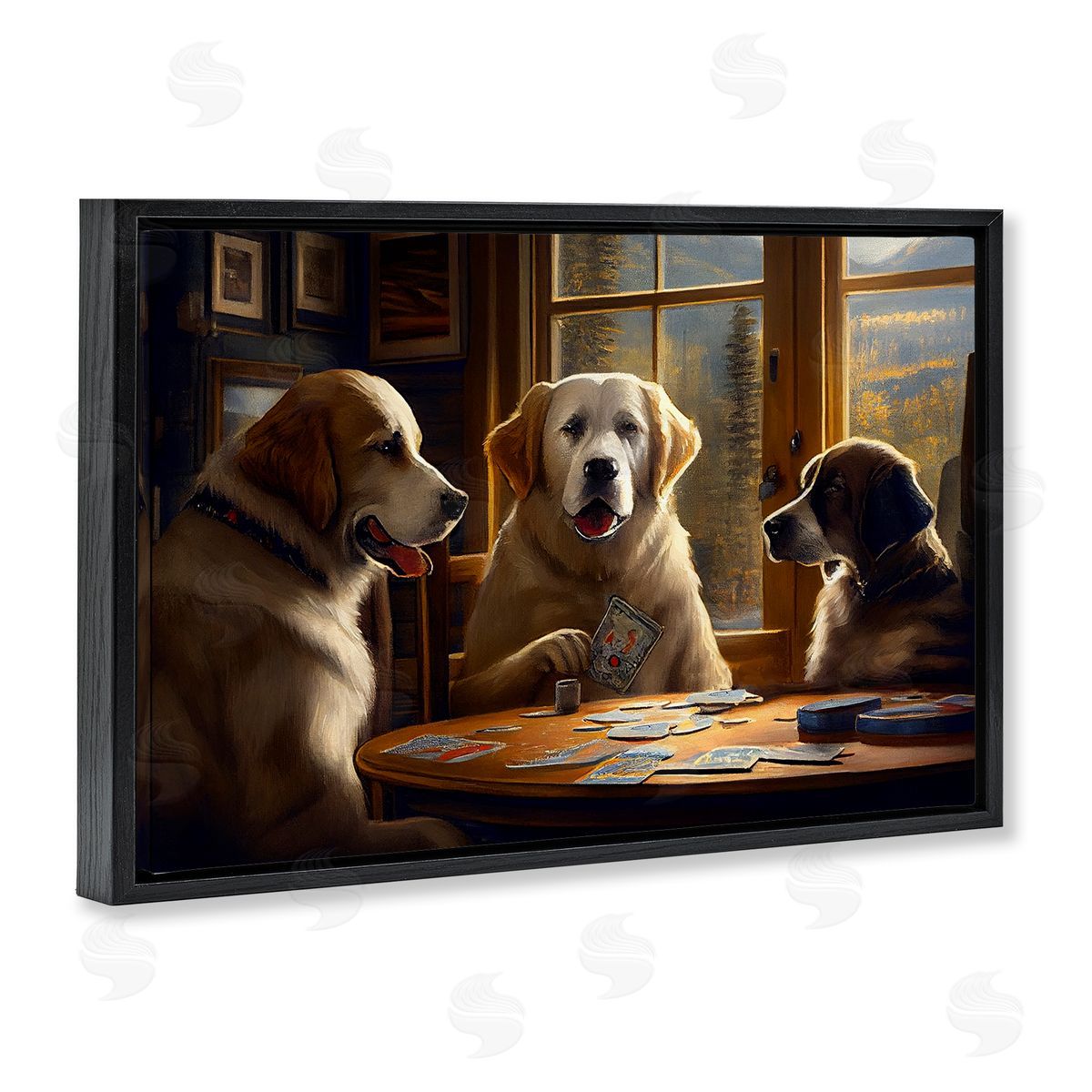 Sasha Dogs Playing Card Game Black Floating Frame Canvas Wall Art Print