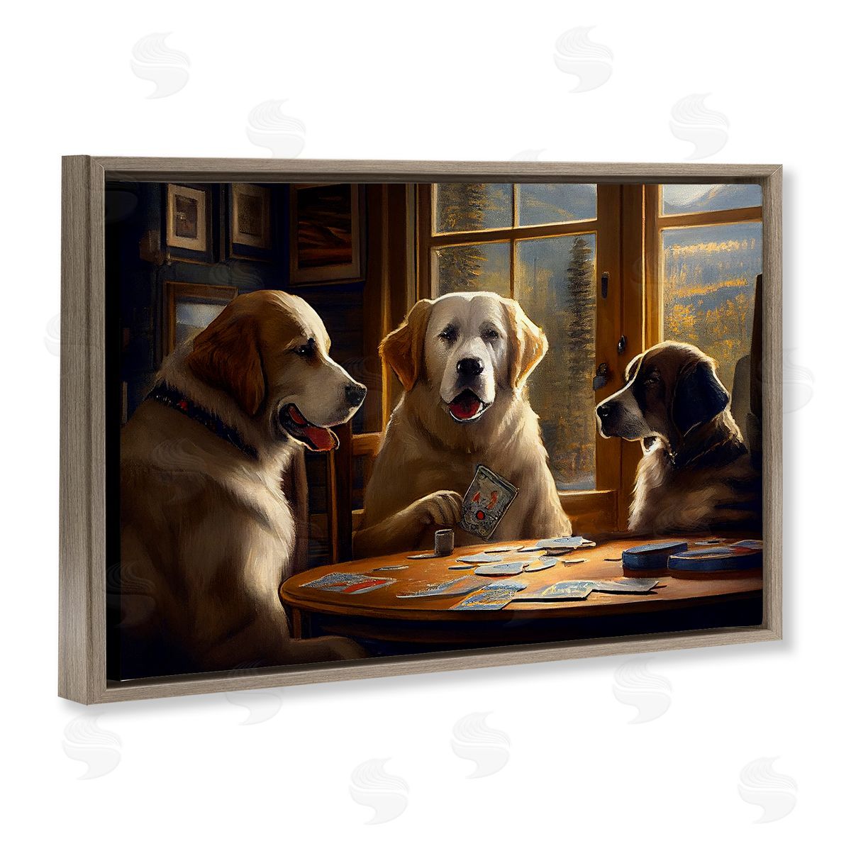 Sasha Dogs Playing Card Game Brown Floating Frame Canvas Wall Art Print