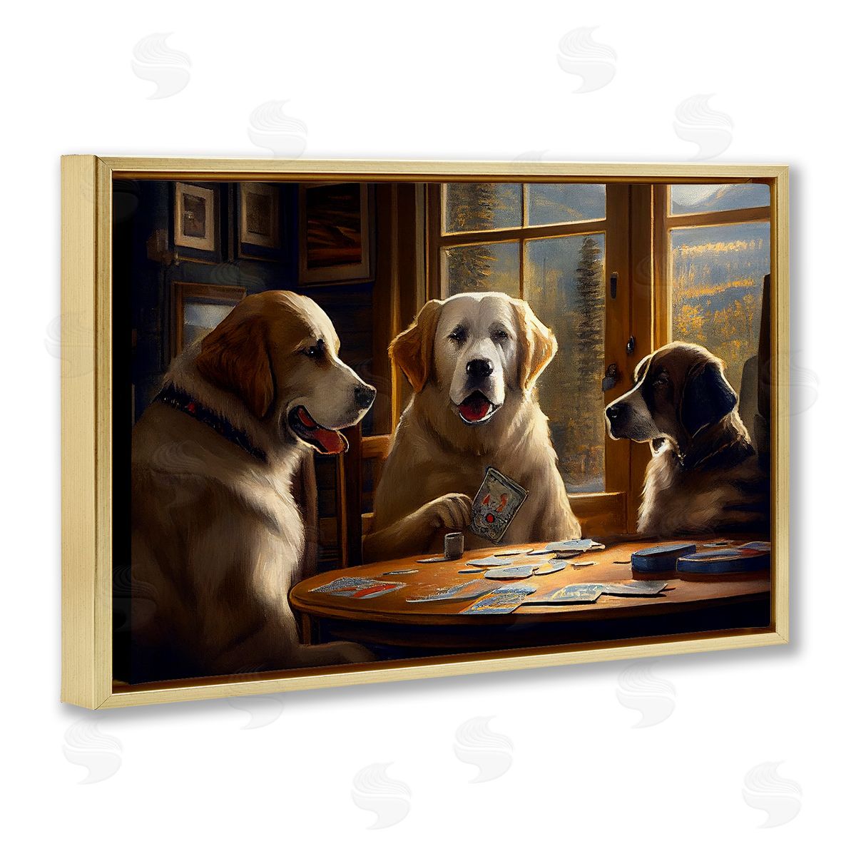 Sasha Dogs Playing Card Game Gold Floating Frame Canvas Wall Art Print