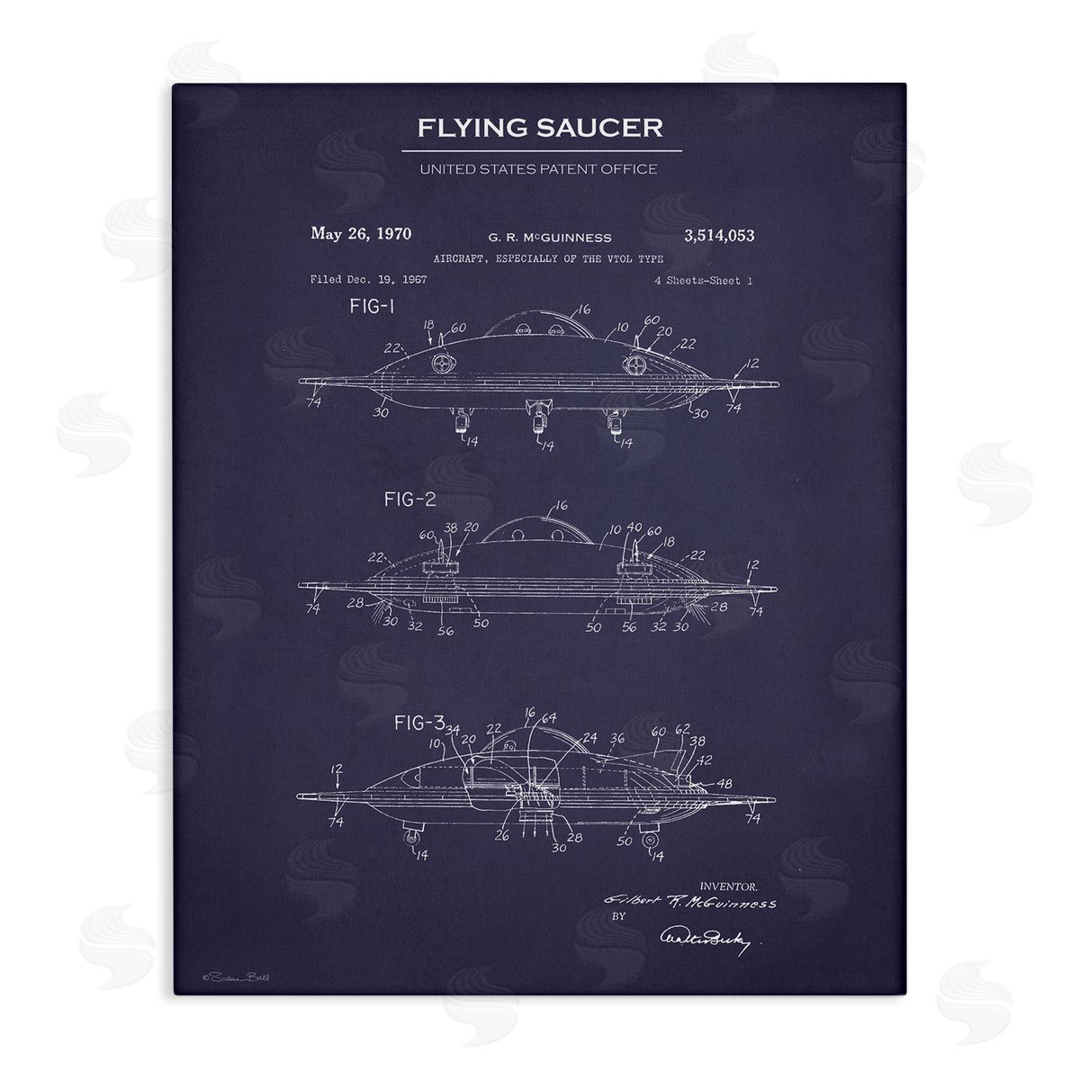 Flying Saucer Blueprint Canvas Wall Art, Home Decor by Susan Ball
