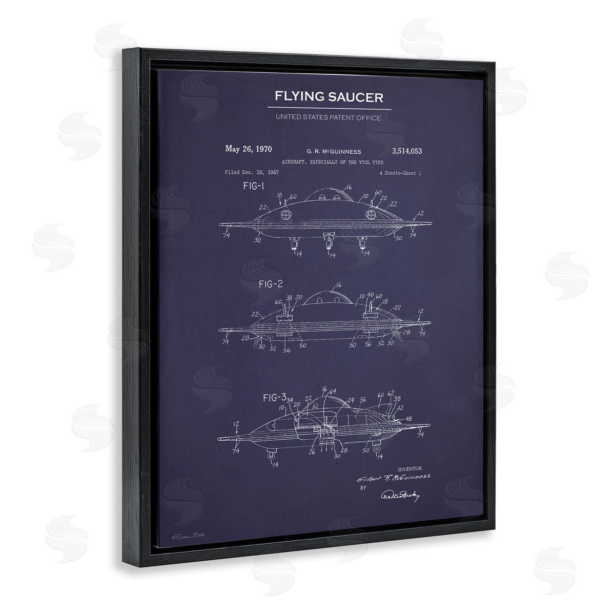 Flying Saucer Blueprint Black Floating Frame Canvas Wall Art, Home Decor by Susan Ball