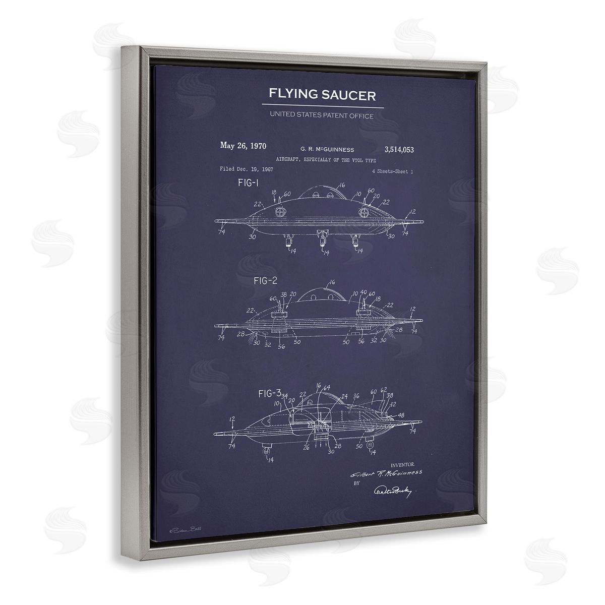 Flying Saucer Blueprint Grey Floating Frame Canvas Wall Art, Home Decor by Susan Ball
