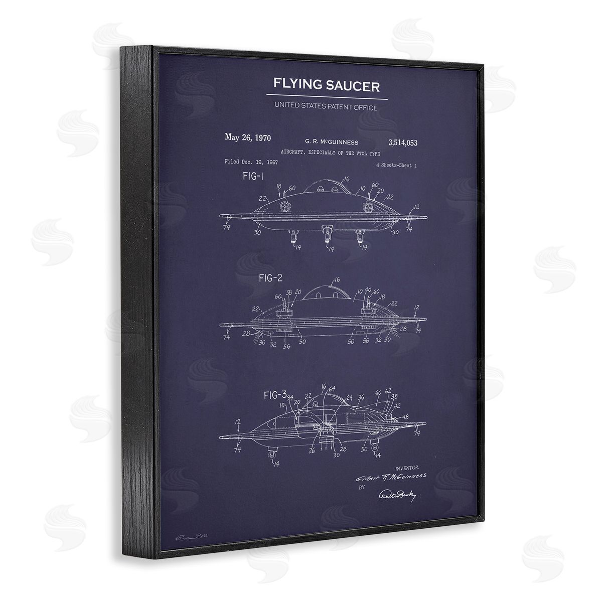 Flying Saucer Blueprint Black Frame Print Wall Art, Home Decor by Susan Ball