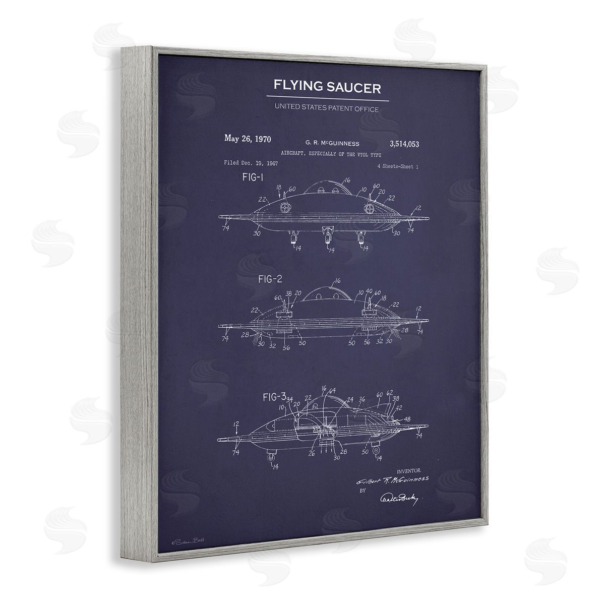 Flying Saucer Blueprint Grey Frame Print Wall Art, Home Decor by Susan Ball