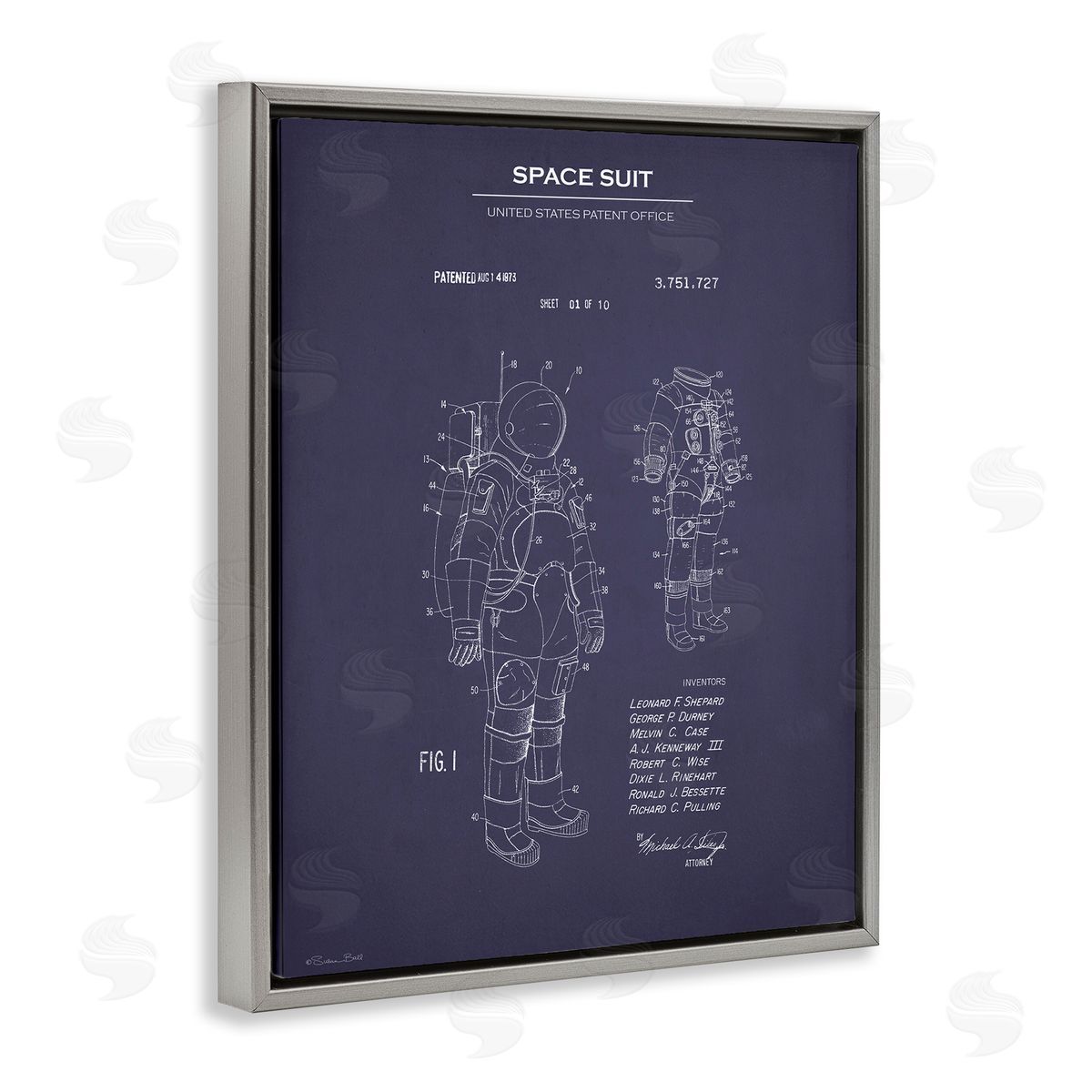 Space Suit Blueprint Grey Floating Frame Canvas Wall Art, Home Decor by Susan Ball
