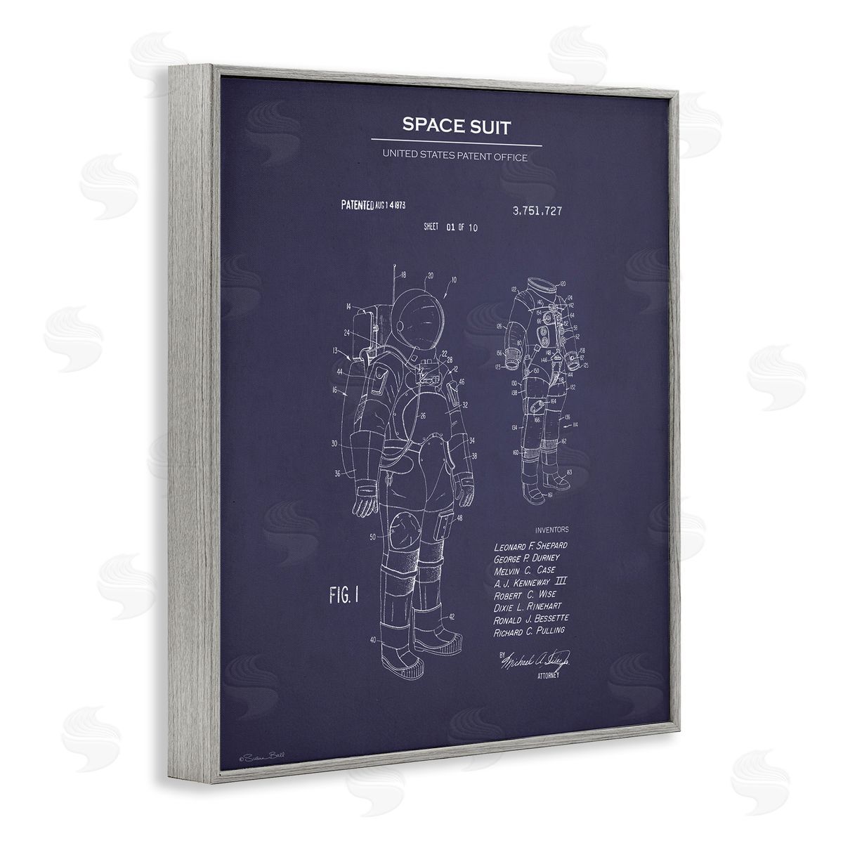 Space Suit Blueprint Grey Frame Print Wall Art, Home Decor by Susan Ball