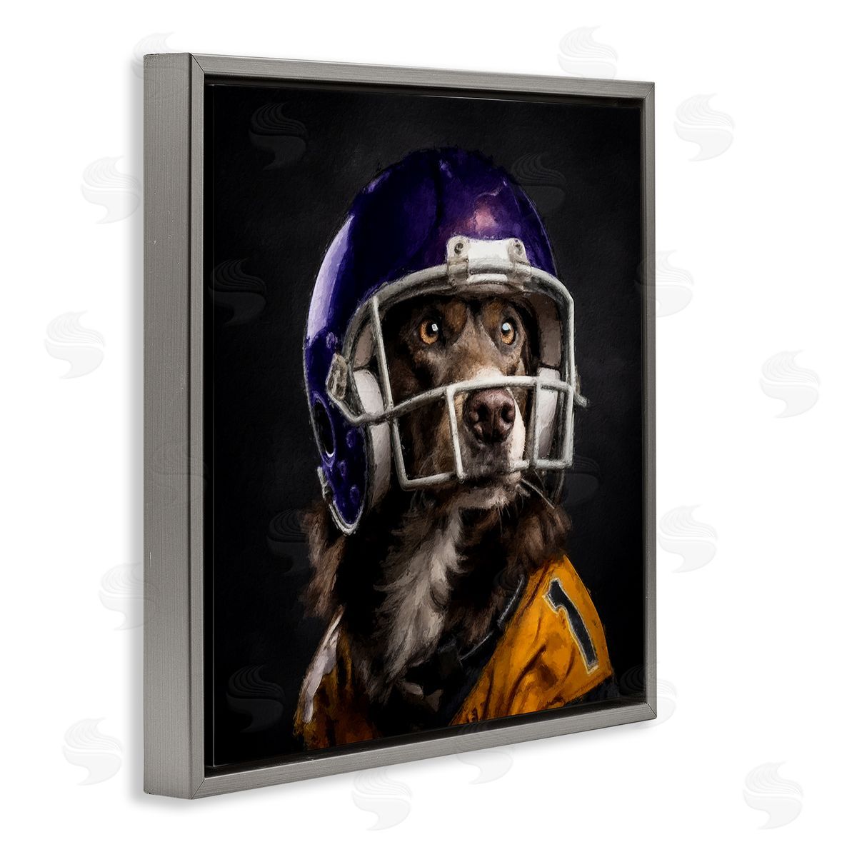 Sean Parnell Dog with Football Helmet Gray Floating Frame Canvas Wall Art Print