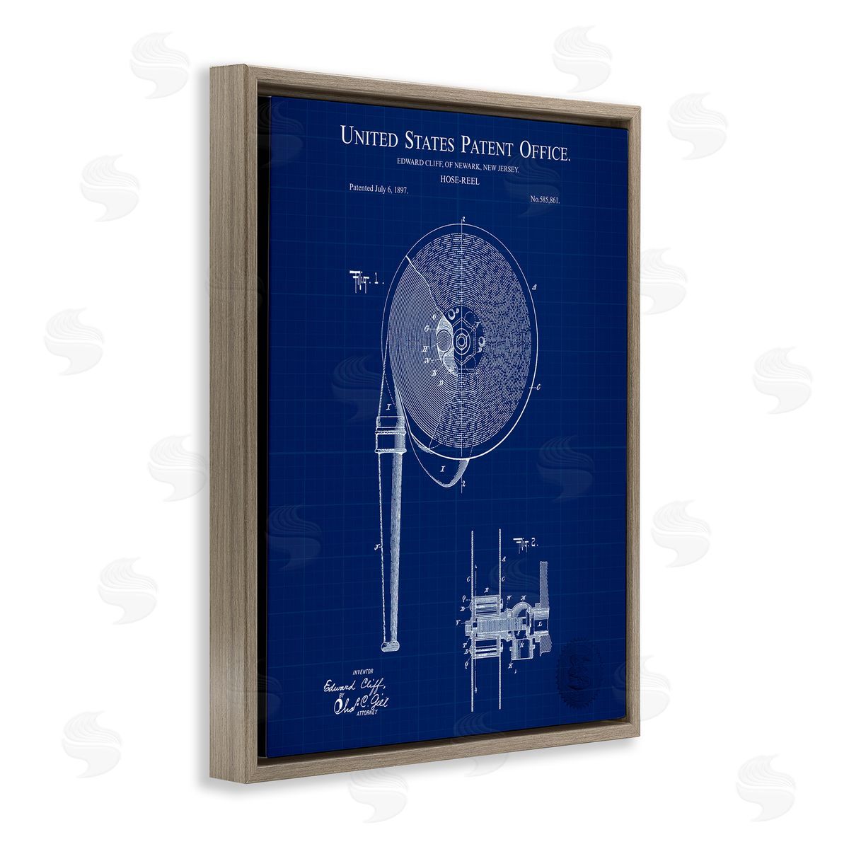 Hose Reel Blueprint Brown Floating Frame Canvas Wall Art, Home Decor by Karl Hronek