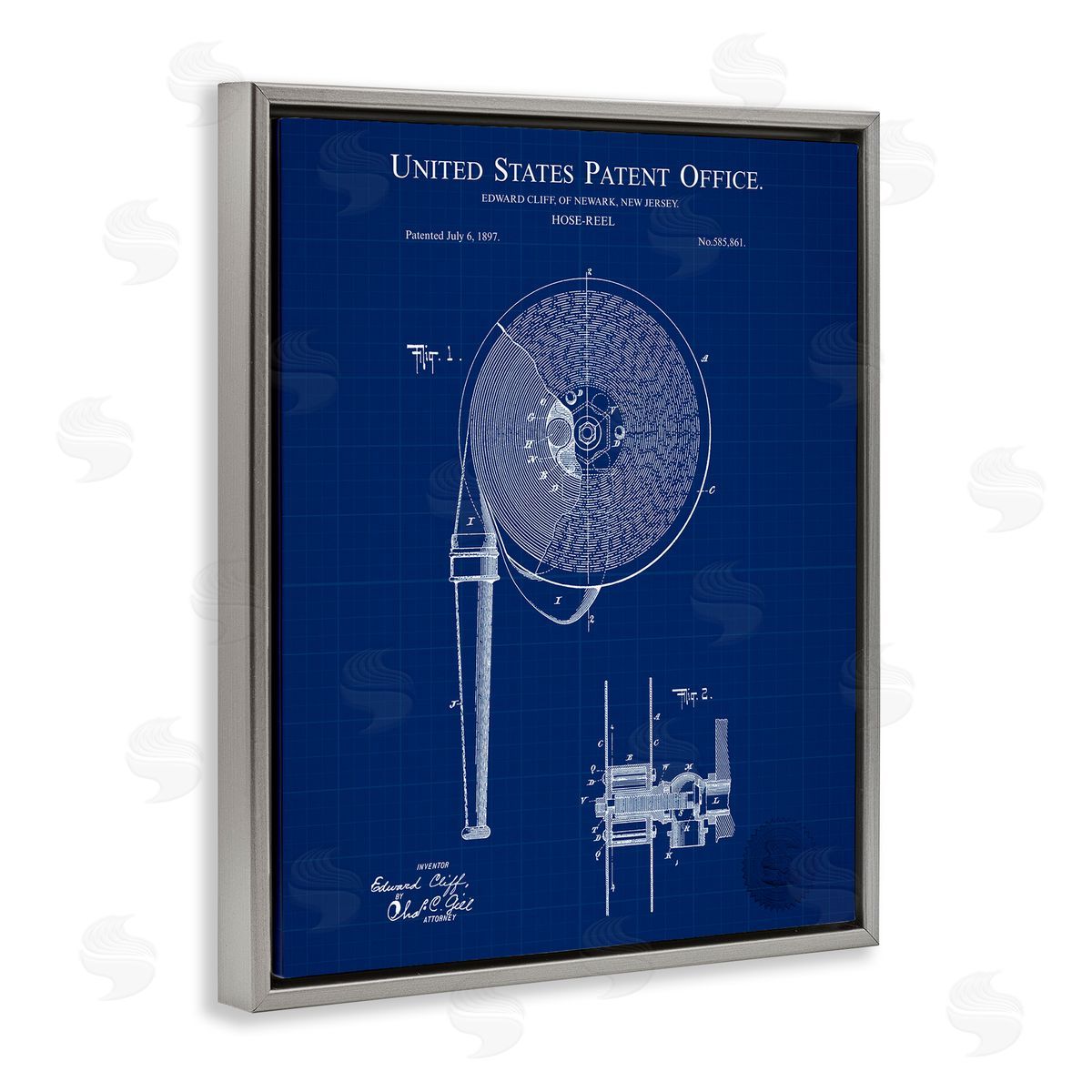 Hose Reel Blueprint Grey Floating Frame Canvas Wall Art, Home Decor by Karl Hronek