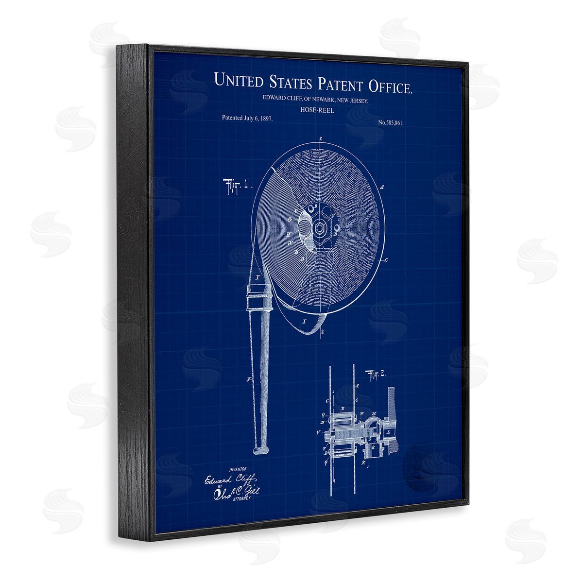 Hose Reel Blueprint Black Frame Print Wall Art, Home Decor by Karl Hronek