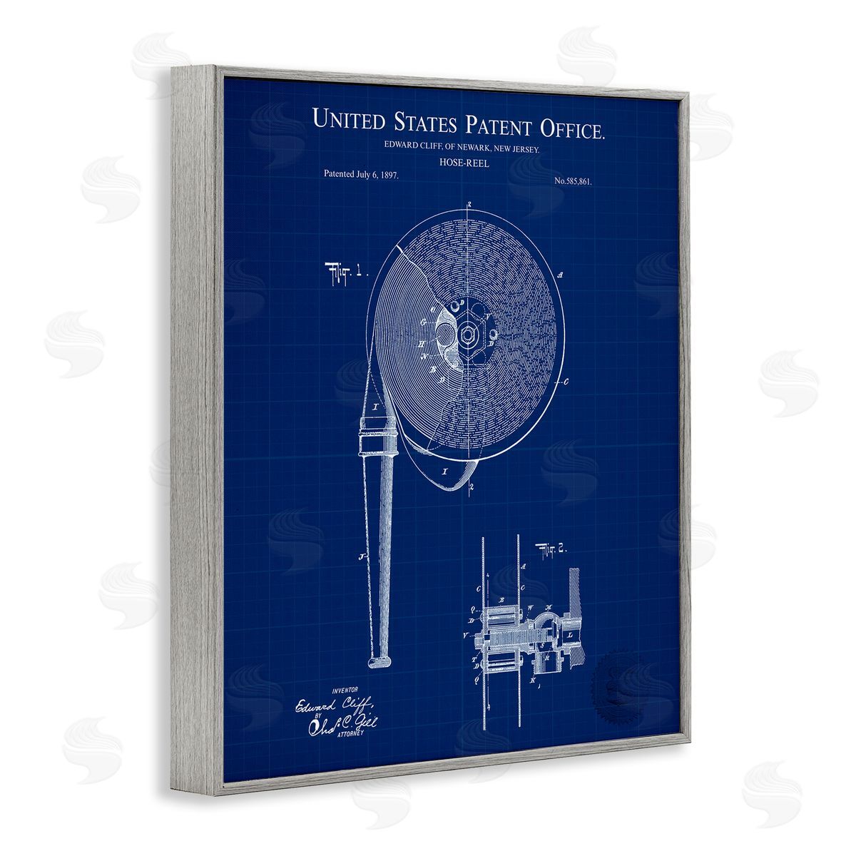 Hose Reel Blueprint Grey Frame Print Wall Art, Home Decor by Karl Hronek