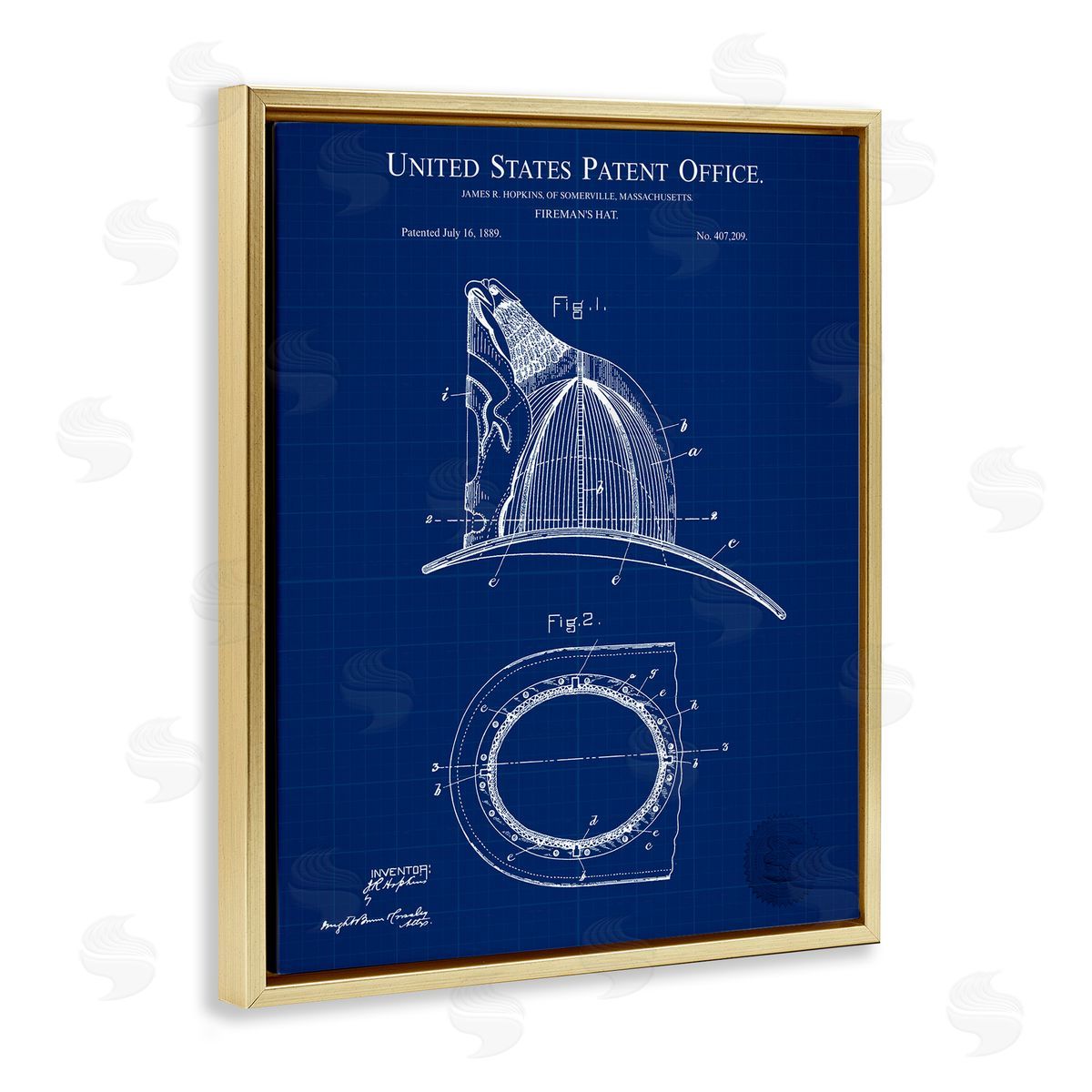 Fireman's Hat Blueprint Gold Floating Frame Canvas Wall Art, Home Decor by Karl Hronek