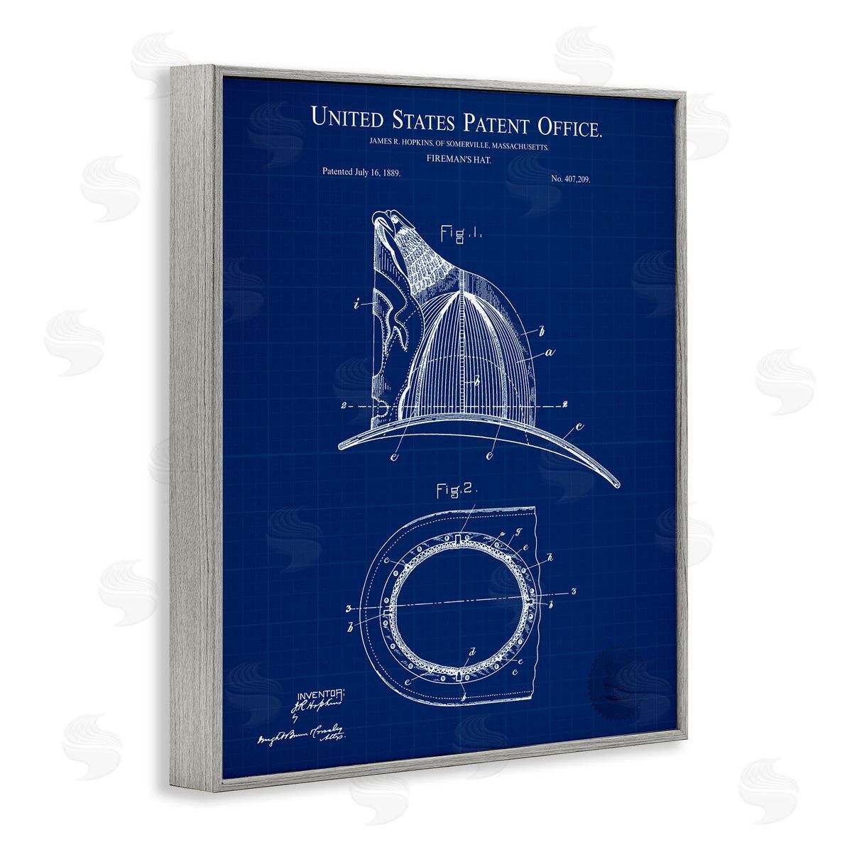 Fireman's Hat Blueprint Grey Frame Print Wall Art, Home Decor by Karl Hronek