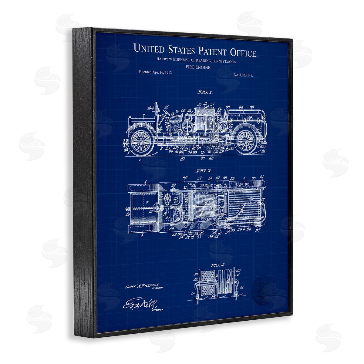 Fire Engine Blueprint Black Frame Print Wall Art, Home Decor by Karl Hronek