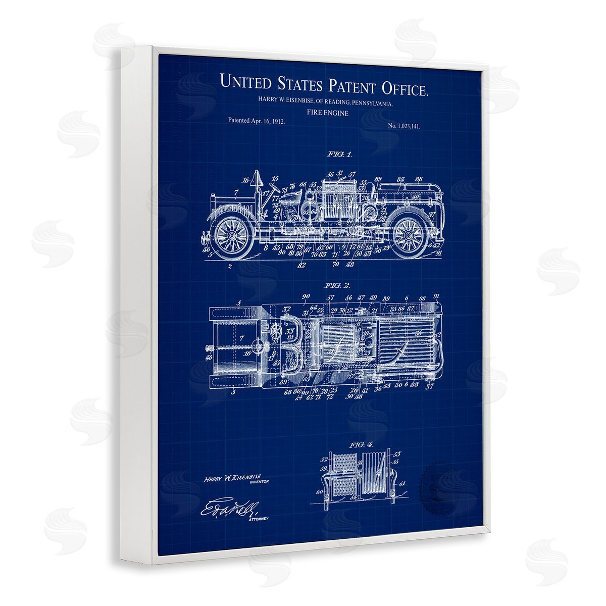 Fire Engine Blueprint White Frame Print Wall Art, Home Decor by Karl Hronek