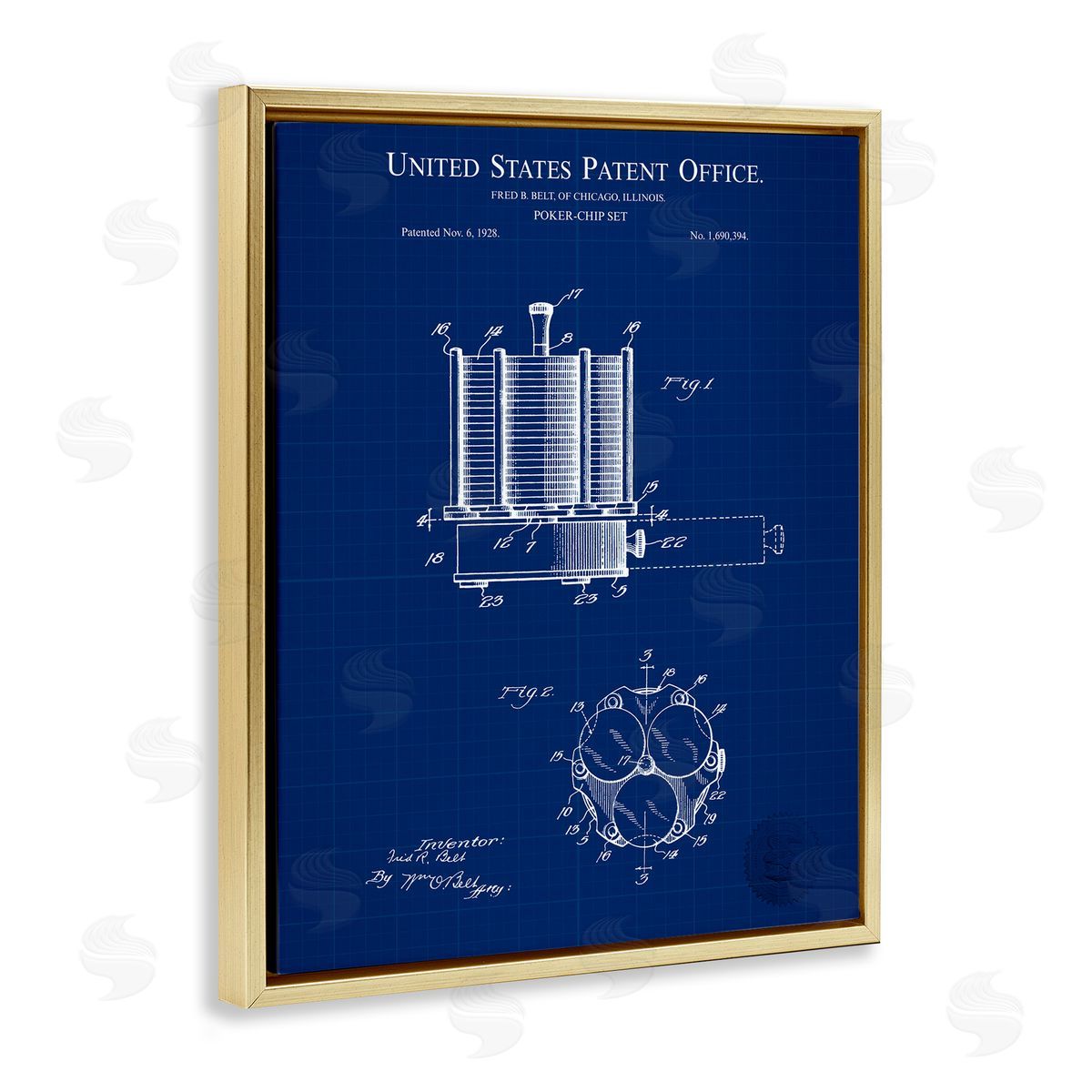 Poker Chips Blueprint Gold Floating Frame Canvas Wall Art, Home Decor by Karl Hronek