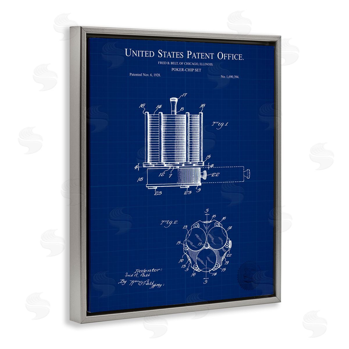 Poker Chips Blueprint Grey Floating Frame Canvas Wall Art, Home Decor by Karl Hronek