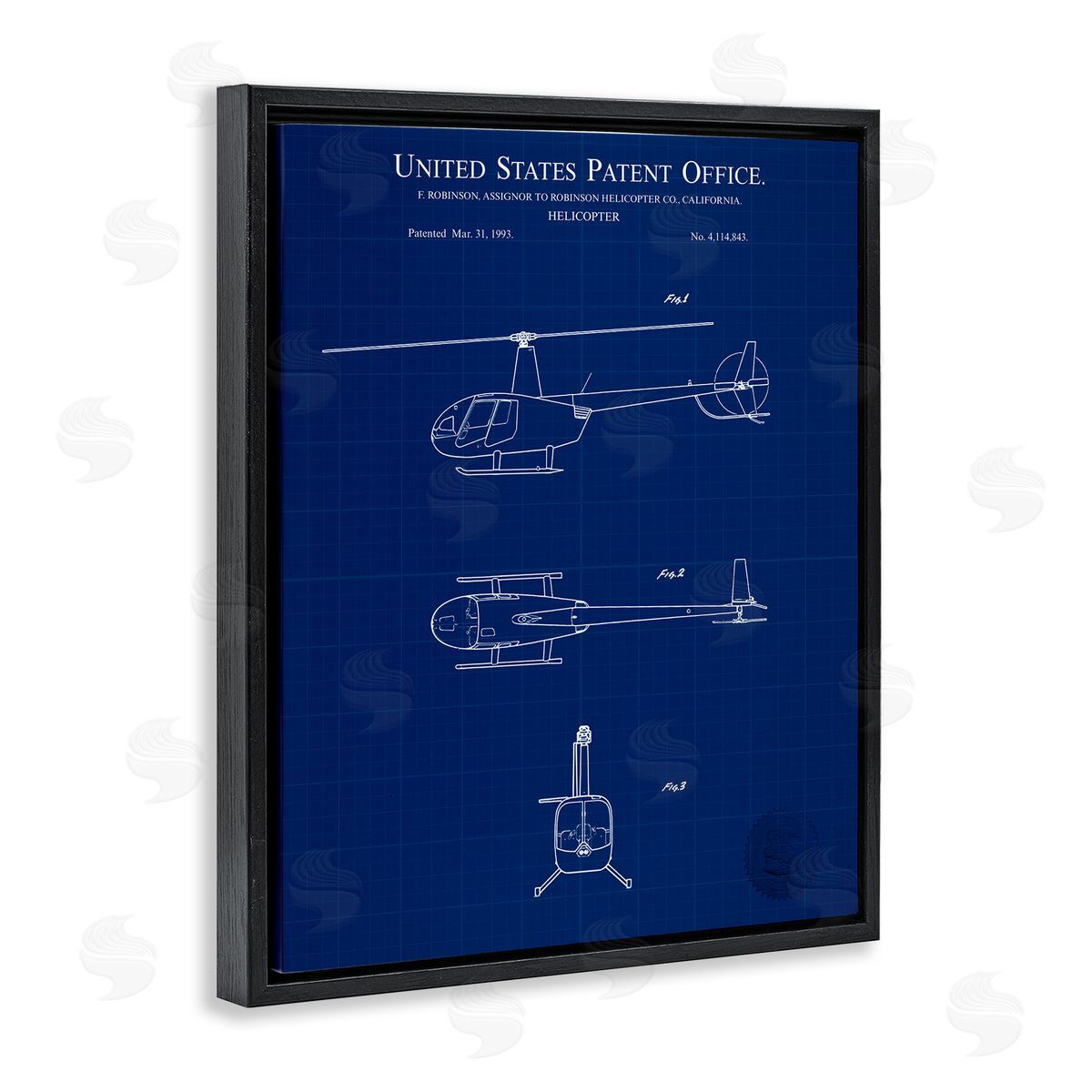 Detailed Helicopter Blueprint Black Floating Frame Canvas Wall Art, Home Decor by Karl Hronek