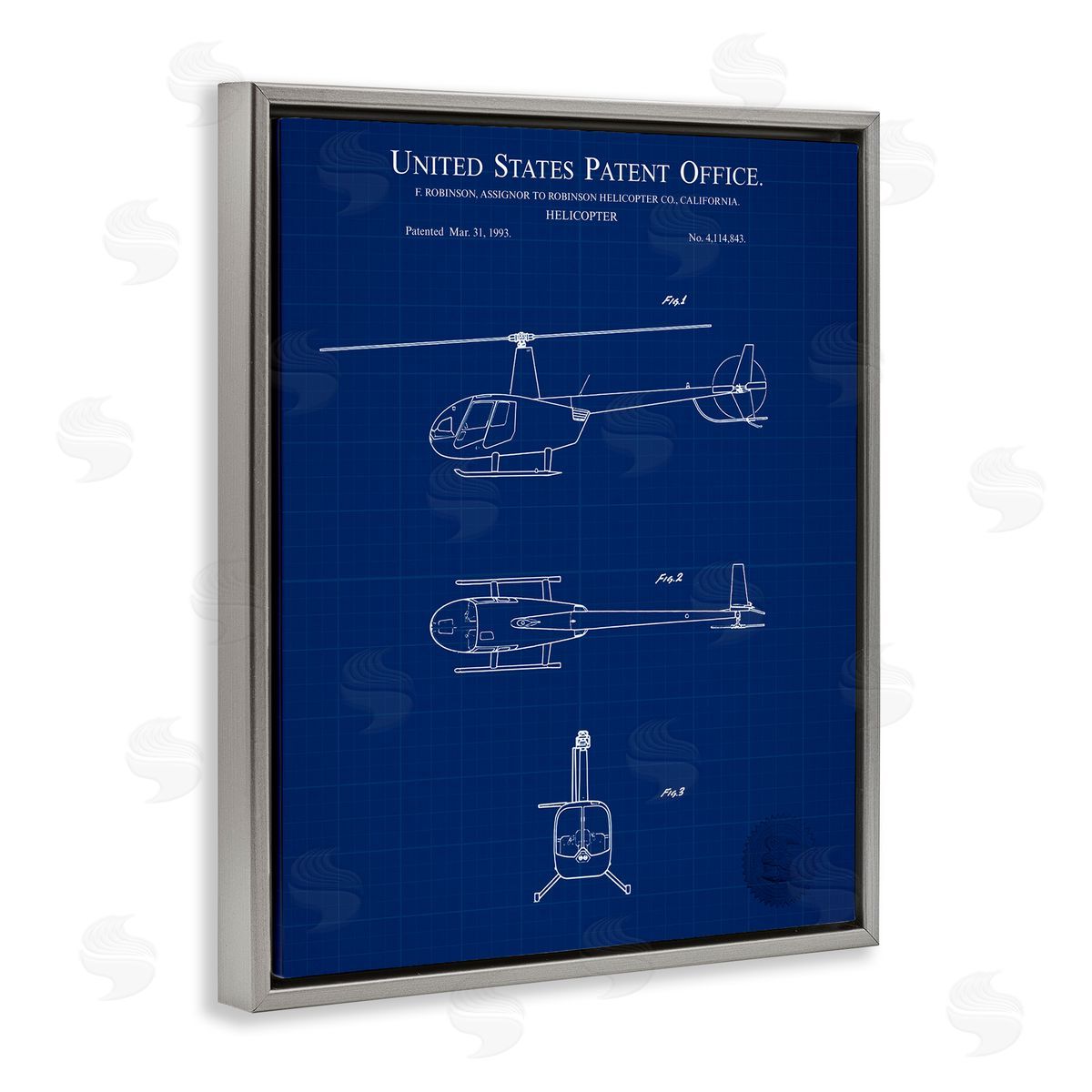 Detailed Helicopter Blueprint Grey Floating Frame Canvas Wall Art, Home Decor by Karl Hronek