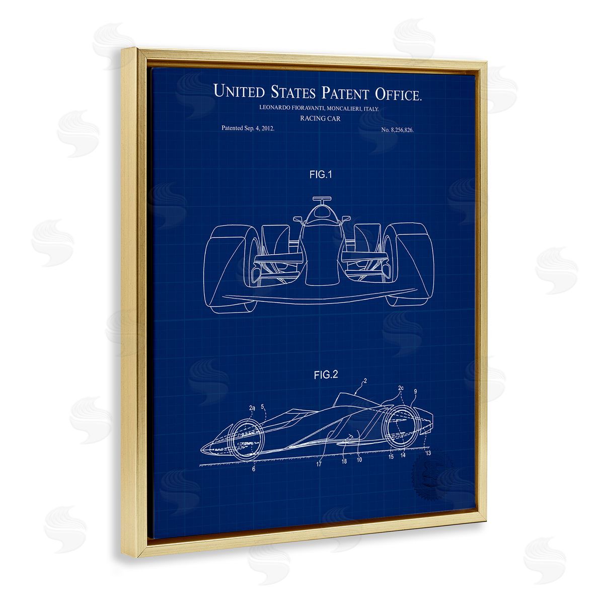 Racing Car Blueprint Gold Floating Frame Canvas Wall Art, Home Decor by Karl Hronek