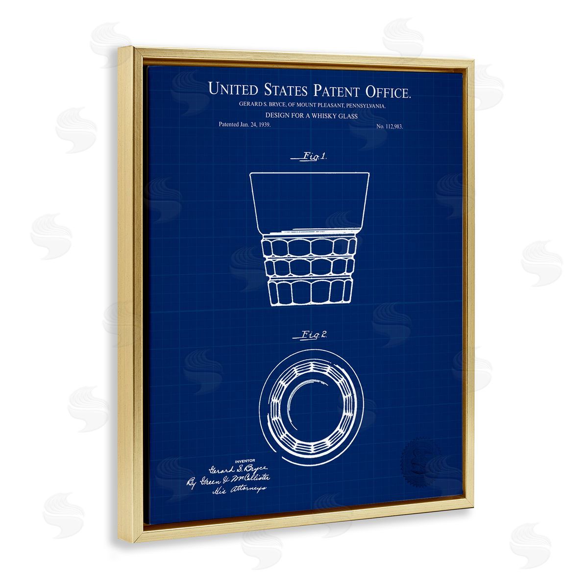 Whisky Glass Blueprint Gold Floating Frame Canvas Wall Art, Home Decor by Karl Hronek