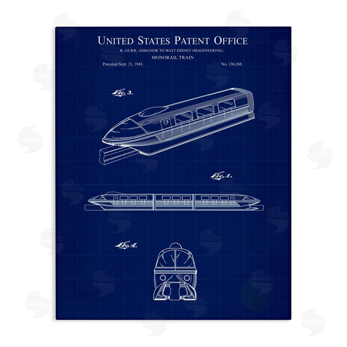 Monorail Train Blueprint Canvas Wall Art, Home Decor by Karl Hronek