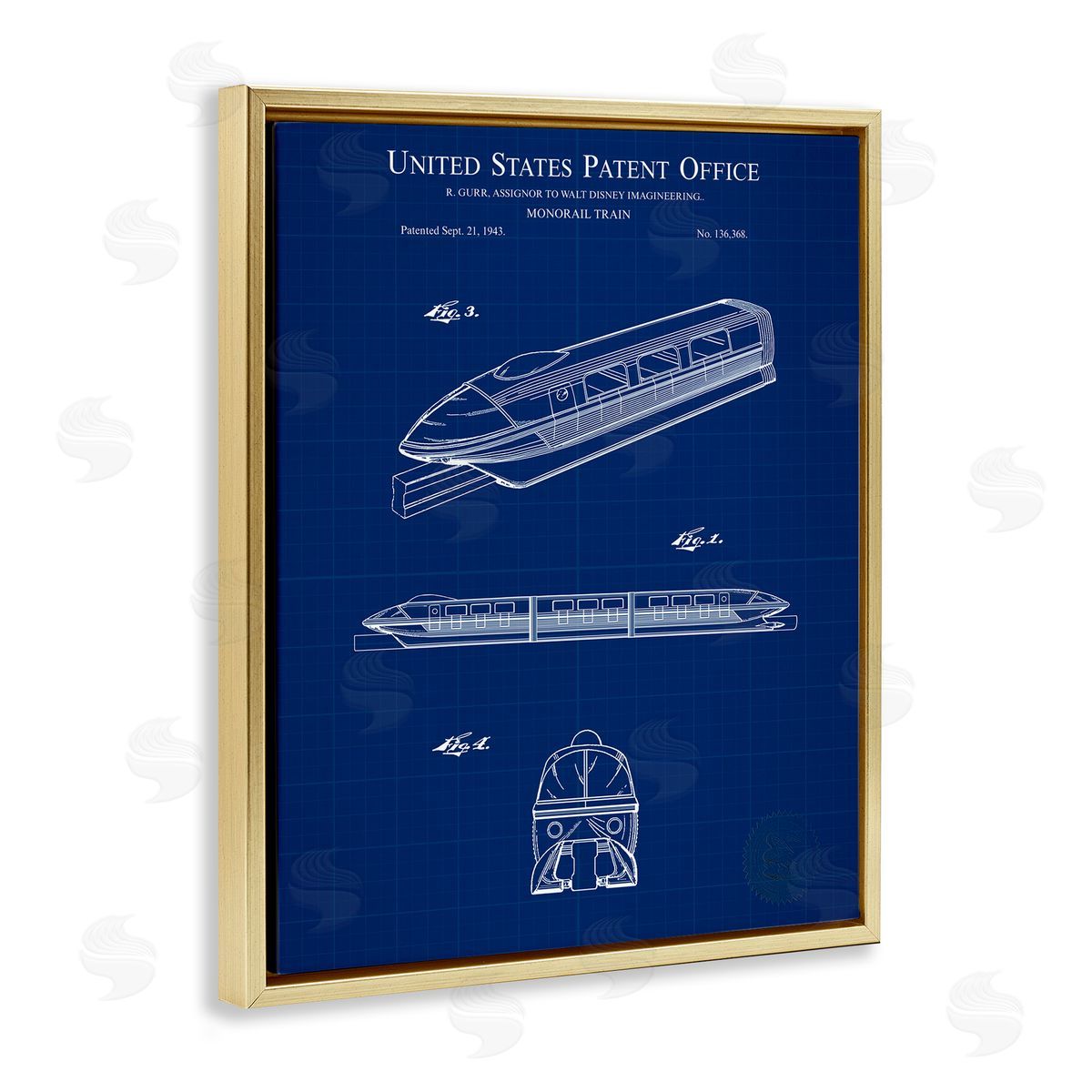 Monorail Train Blueprint Gold Floating Frame Canvas Wall Art, Home Decor by Karl Hronek