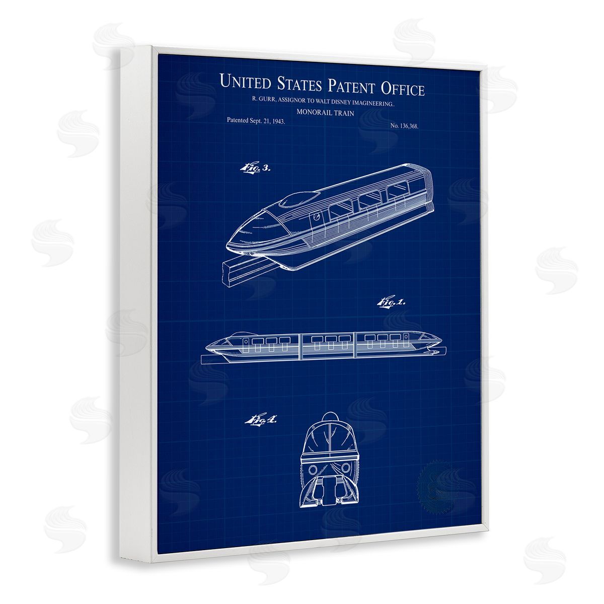 Monorail Train Blueprint White Frame Print Wall Art, Home Decor by Karl Hronek